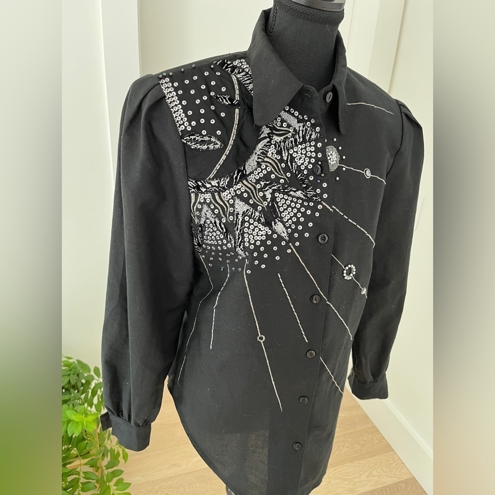 VINTAGE Embellished Black Button Front Blouse Sequins Beads 80's Statement